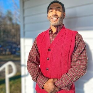 Vintage red wool knit sweater vest holiday festive Christmas grandpa cardigan
